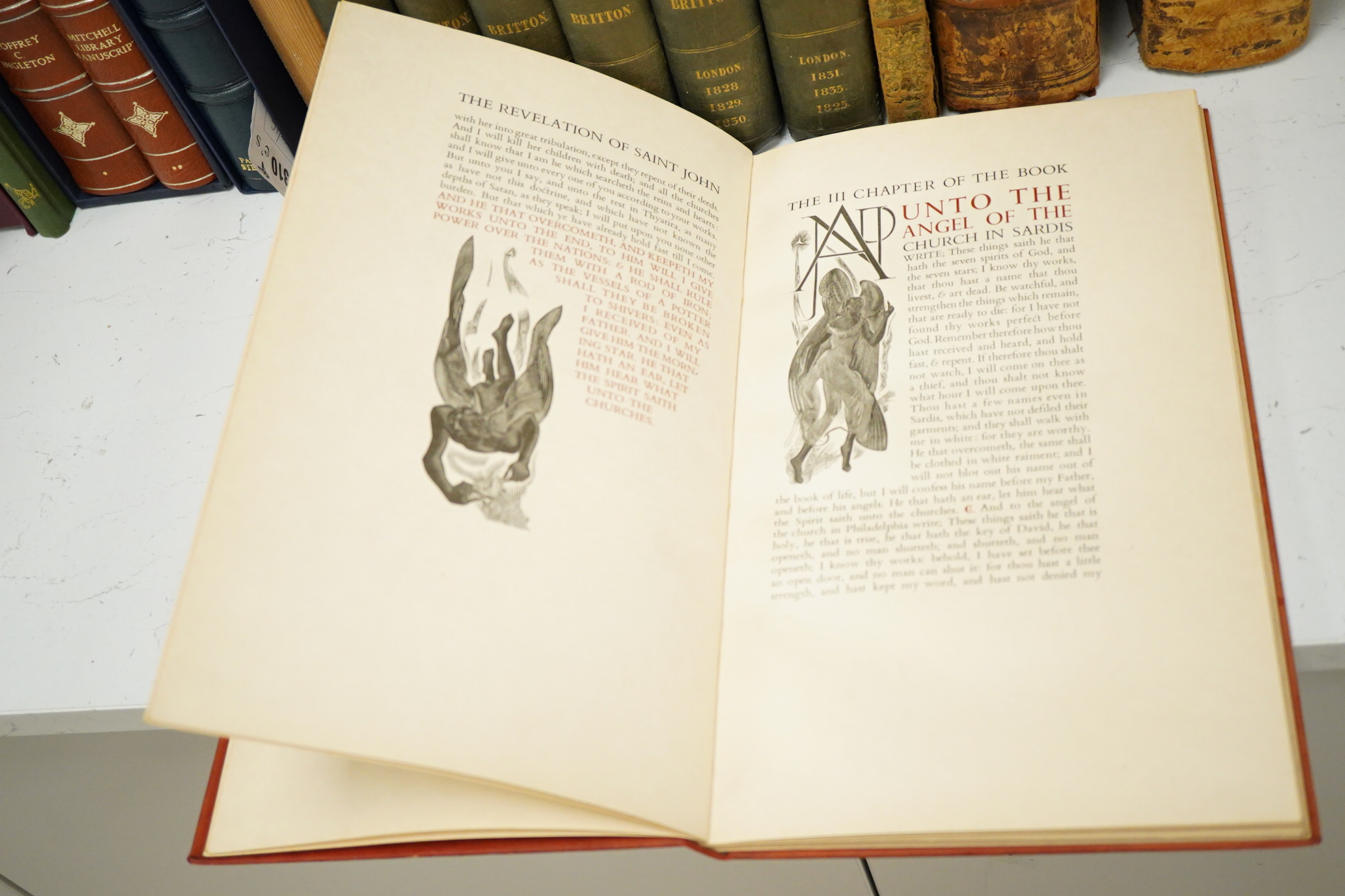 The Gregynog Press - The Revelation of Saint John the Divine. Limited Edition (of 250 numbered copies). 41 (some full page) wood engraved illus. (by Blair Hughes-Stanton), title and elsewhere with some red printing: orig